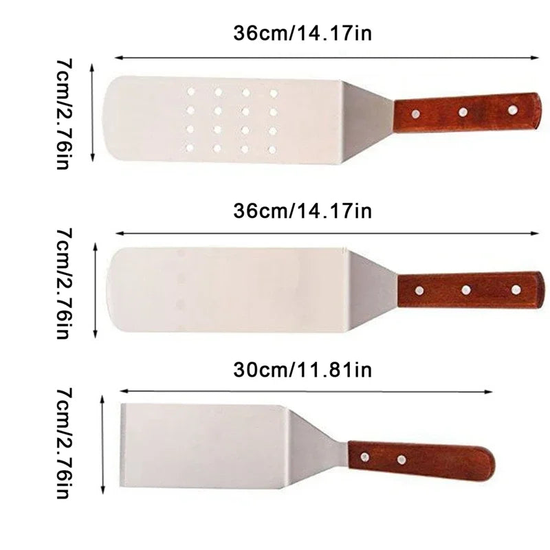 Stainless Steel Square Head Steak Cooking Spatula Wood Handle Pizza Shovel Pancake Beef Turner Scraper BBQ Utensils For Kitchen