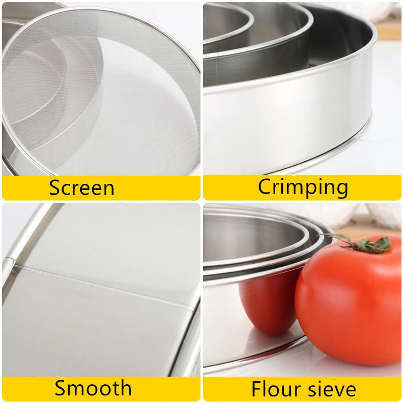Round Screened Strainer Stainless Steel Flour Sieve Hand-Baking Pastry Kitchen Food Tools Tea Sugar Fine Mesh Sifter 15cm-30cm