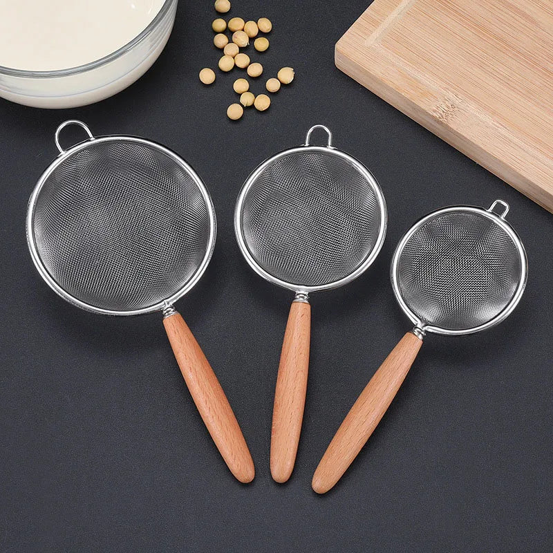 1/3pcs Stainless Steel Colander with Wooden Long Handle Hanging Ear Kitchen Strainer Filter Fine Mesh Sieve Sifter Kitchen Tools