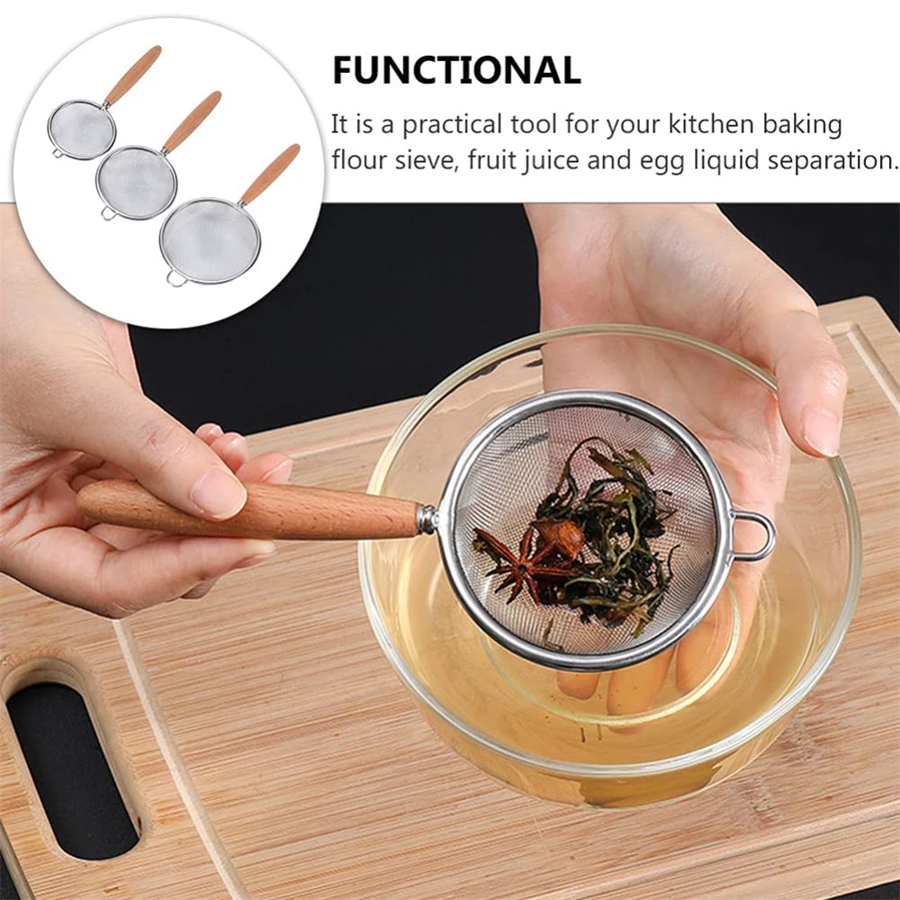 1/3pcs Stainless Steel Colander with Wooden Long Handle Hanging Ear Kitchen Strainer Filter Fine Mesh Sieve Sifter Kitchen Tools