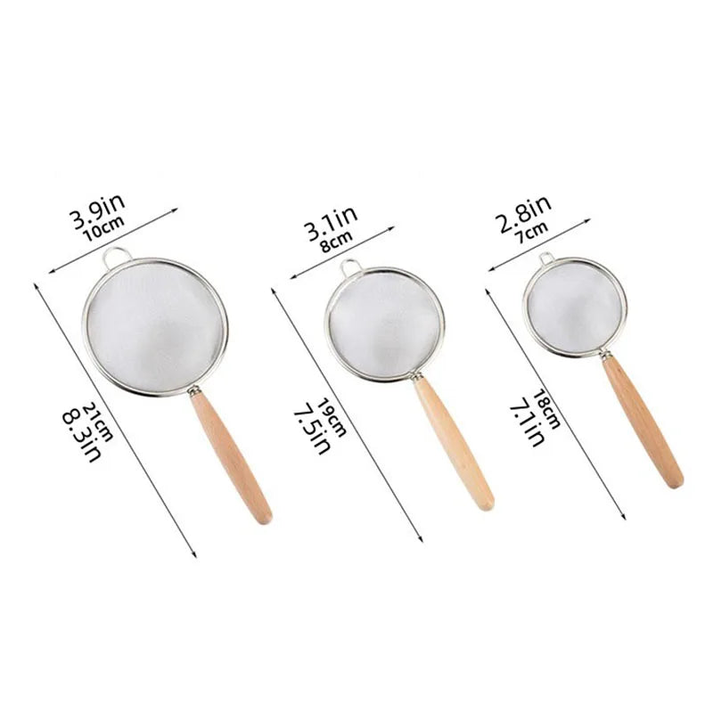 1/3pcs Stainless Steel Colander with Wooden Long Handle Hanging Ear Kitchen Strainer Filter Fine Mesh Sieve Sifter Kitchen Tools