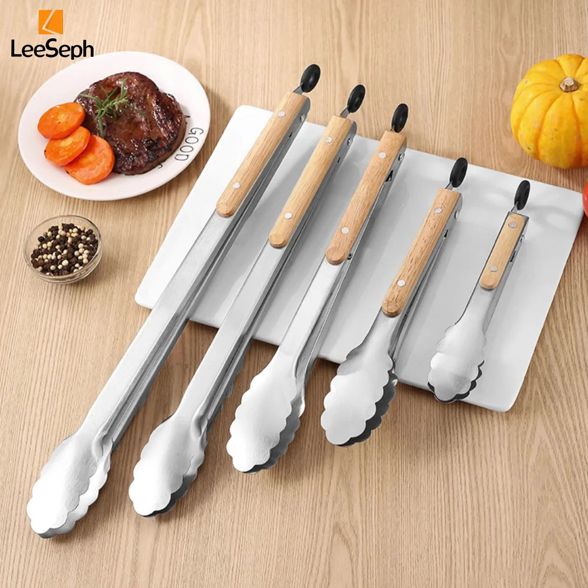 Stainless Steel Cooking Tong with Oak Handle, Barbecue Tong Salad Tong with Locking Ring, Kitchen Gadget for Salad Grilling BBQ